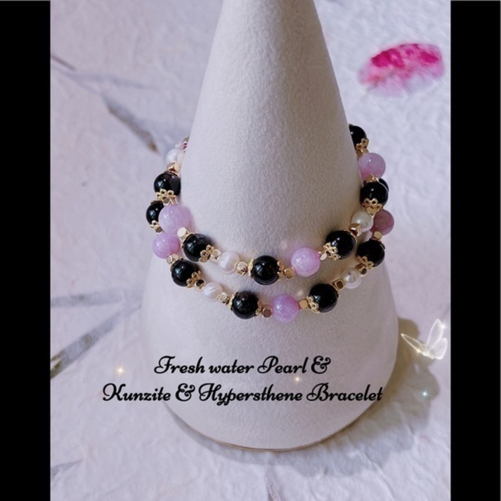 Natural Fresh water Pearl & Kunzite & Hypersthene Bracelet B-8